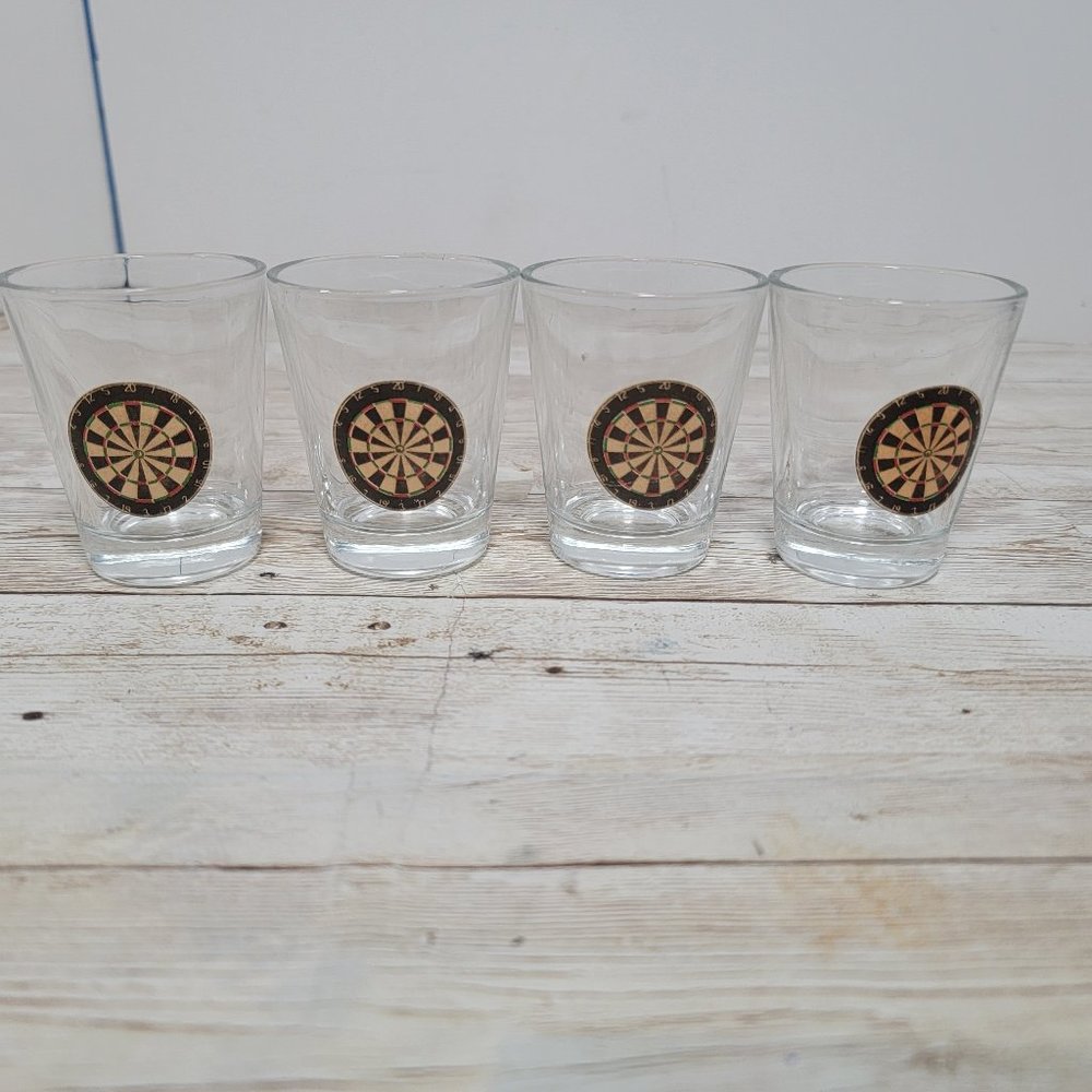 Vintage Set of 4 Dart‎ Board Theme Clear Glass Shot Glasses 2½ inch